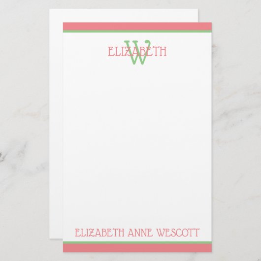Koraal Roze en Groen Monogram Briefpapier (Voorkant / Achterkant)