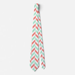 Koraal Roze en Mint Groen Herringbone Patroon Stropdas