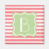 Koraal Roze en Mint Groene Streep Monogram Magneet (Voorkant)