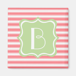 Koraal Roze en Mint Groene Streep Monogram Magneet