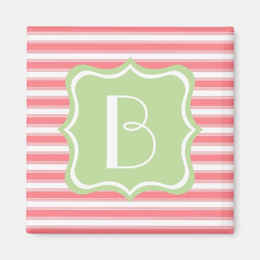 Koraal Roze en Mint Groene Streep Monogram Magneet (Voorkant)