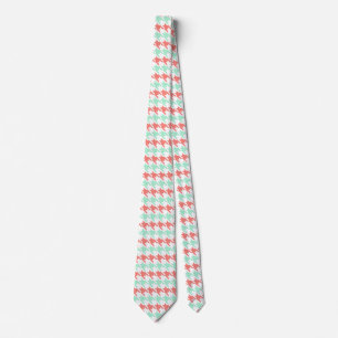 Koraal Roze en Mint Houndstooth Patroon Stropdas