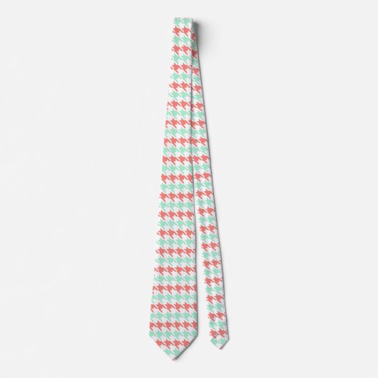 Koraal Roze en Mint Houndstooth Patroon Stropdas (Voorkant)