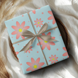 Koraal roze en poeder blauw delicate daisy bloemen cadeaupapier