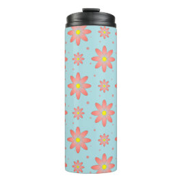 Koraal roze en poeder blauw delicate daisy bloemen thermosbeker