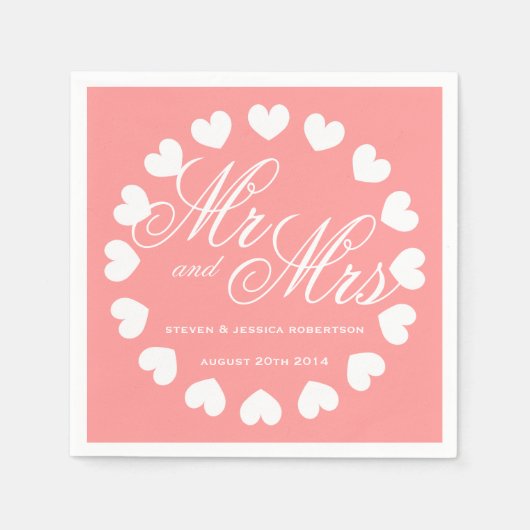 Koraal roze en wit Mr. Mrs bruiloftsservetten Servetten (Voorkant)