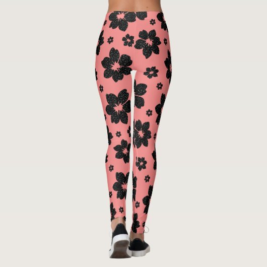 Koraal Roze en zwarte Bloem diamant Glitter Leggings (Achterkant)
