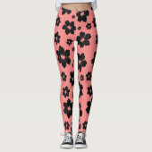 Koraal Roze en zwarte Bloem diamant Glitter Leggings (Voorkant)