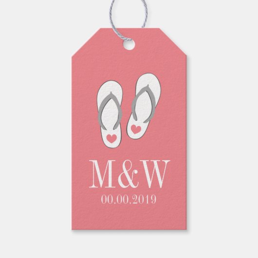 Koraal roze flip flop strand bruiloft gunst cadeau cadeaulabel (Voorkant)