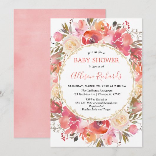 Koraal roze floral waterverf baby shower meisje kaart (Voorkant / Achterkant)