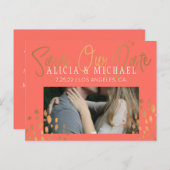 Koraal Roze FOTO Goud Typografie Huwelijk Save Dat Aankondigingskaart (Voorkant / Achterkant)