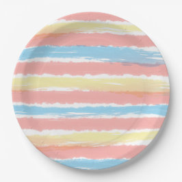 Koraal Roze Geel Blauw Waterverf Streeppatroon Papieren Bordje