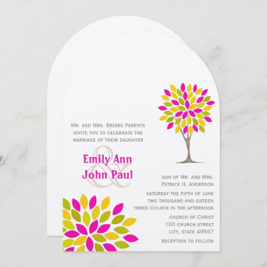 Koraal Roze Geel Groen Moderne Boom Bloem Huwelijk Kaart (Voorkant / Achterkant)