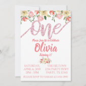 Koraal & Roze Glitter Bloemen Eerste Verjaardagsfe Kaart (Voorkant)