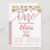 Koraal & Roze Glitter Bloemen Eerste Verjaardagsfe Kaart (Voorkant / Achterkant)