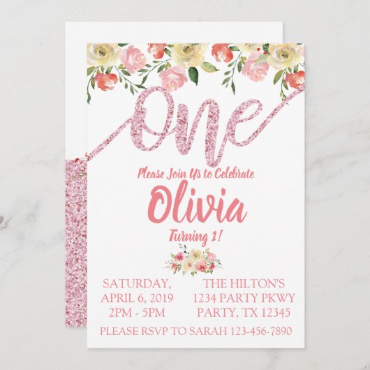 Koraal & Roze Glitter Bloemen Eerste Verjaardagsfe Kaart (Voorkant / Achterkant)