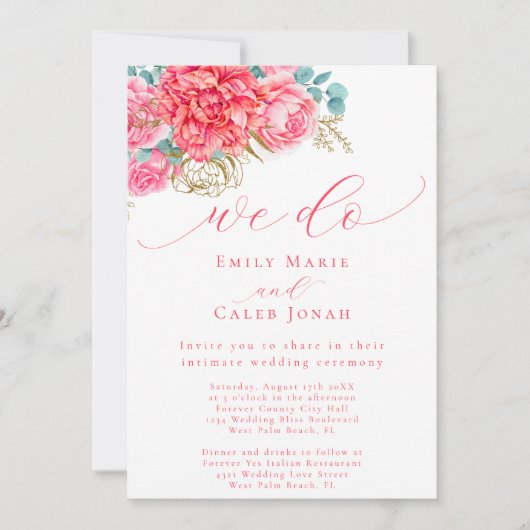 Koraal Roze Goud Bloemen Intieme Courthouse bruilo Kaart (Voorkant)