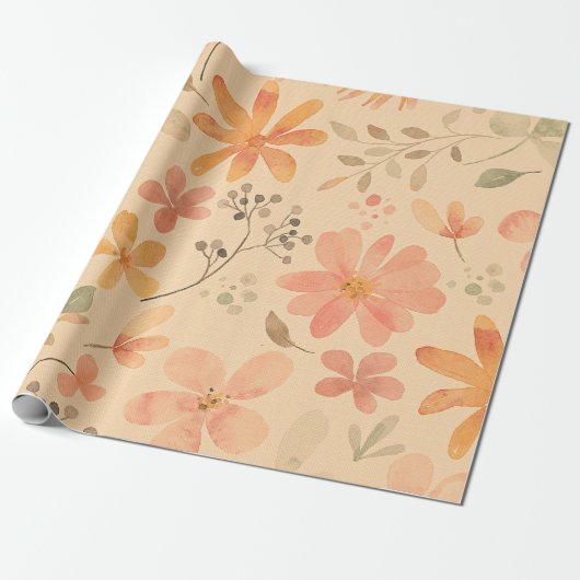 Koraal-roze gouden bloemenpatroon cadeaupapier (Uitgerold)