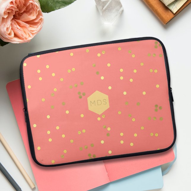 Koraal Roze Gouden Folie Confetti Sprinkles Monogr Laptop Sleeve (Creator heeft geüpload)
