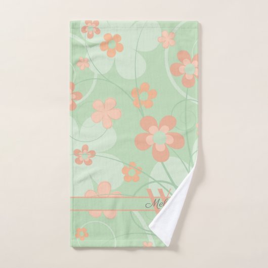 Koraal roze Groene Bloemen Lente Bloemen Monogram Bad Handdoek (Handdoek)