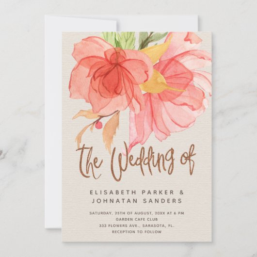 Koraal roze groene zomer waterverf bloemenbruiloft kaart (Voorkant)