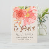 Koraal roze groene zomer waterverf bloemenbruiloft kaart (Staand voorkant)