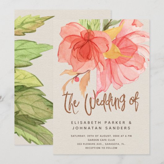 Koraal roze groene zomer waterverf bloemenbruiloft kaart (Voorkant / Achterkant)