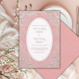 Koraal Roze Kant Whimsical Vintage Trouwfeest Kaart