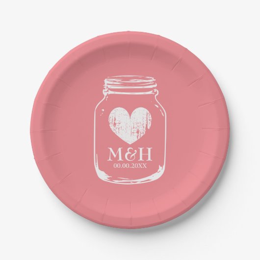  Koraal Roze Mason Jar Wedding Party borden Papieren Bordje (Voorkant)