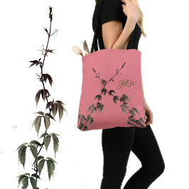 Koraal Roze met Groene Ivy Vines en Initialen Tote Bag