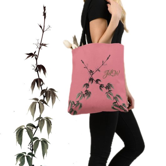 Koraal Roze met Groene Ivy Vines en Initialen Tote Bag