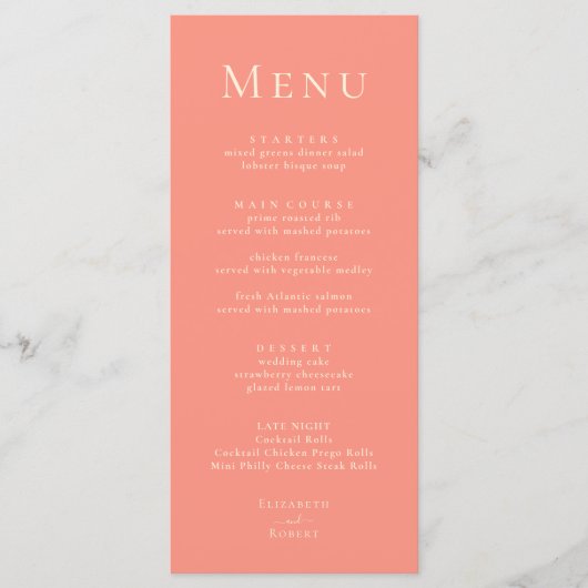 Koraal Roze Moderne Minimalistische Wedding Menu K (Voorkant)