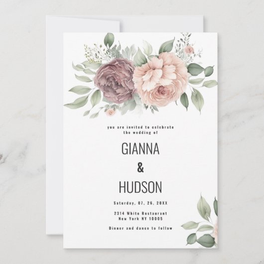 Koraal roze munt groen blad bloemen bruiloft kaart (Voorkant)