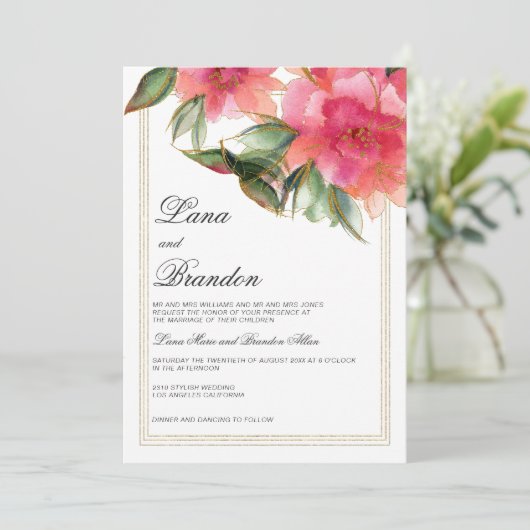 Koraal roze munt wit goud glitter bloemenbruiloft kaart (Staand voorkant)