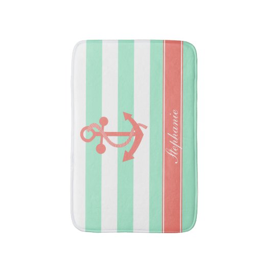 Koraal Roze Nautisch Anker En Mint Groene Strepen Badmat (Voorkant Verticaal)