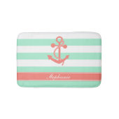 Koraal Roze Nautisch Anker En Mint Groene Strepen Badmat (Voorkant)
