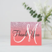 Koraal Roze Ombre Glitter Monogram Dank Je Wel Briefkaart (Staand voorkant)