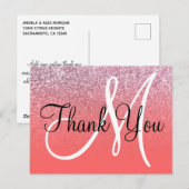 Koraal Roze Ombre Glitter Monogram Dank Je Wel Briefkaart (Voorkant / Achterkant)
