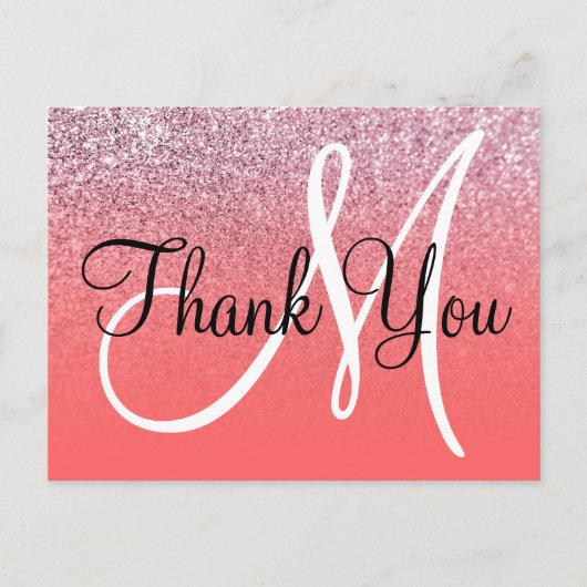 Koraal Roze Ombre Glitter Monogram Dank Je Wel Briefkaart (Voorkant)
