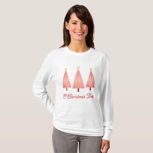 Koraal Roze Ombre Patroon Moderne Kerstbomen T-shirt (Voorkant volledig)