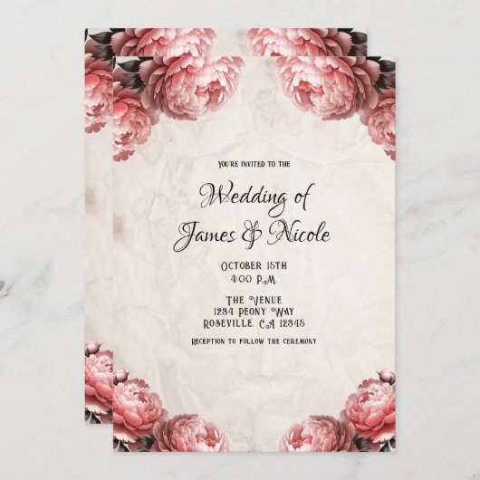 Koraal Roze Pioen Bloemen Rustieke Bruiloft Kaart (Voorkant / Achterkant)