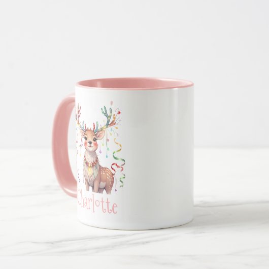 Koraal Roze Rendier en Kerstmis Feestelijke Lichte Mok (Voorkant links)