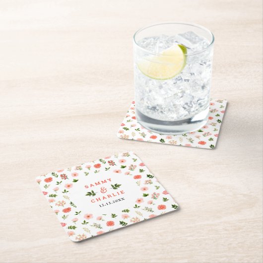 Koraal Roze Rood Rozen Bloemachtige Trouwdag Kartonnen Onderzetters (Insitu)