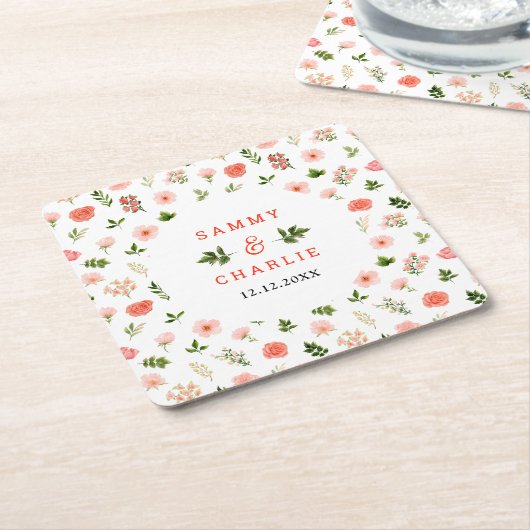 Koraal Roze Rood Rozen Bloemachtige Trouwdag Kartonnen Onderzetters (Schuin)