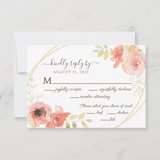 Koraal Roze Rose en Gouden bladeren Bloemen bruilo RSVP Kaartje (Voorkant)