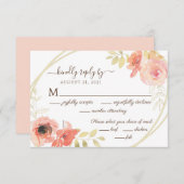 Koraal Roze Rose en Gouden bladeren Bloemen bruilo RSVP Kaartje (Voorkant / Achterkant)