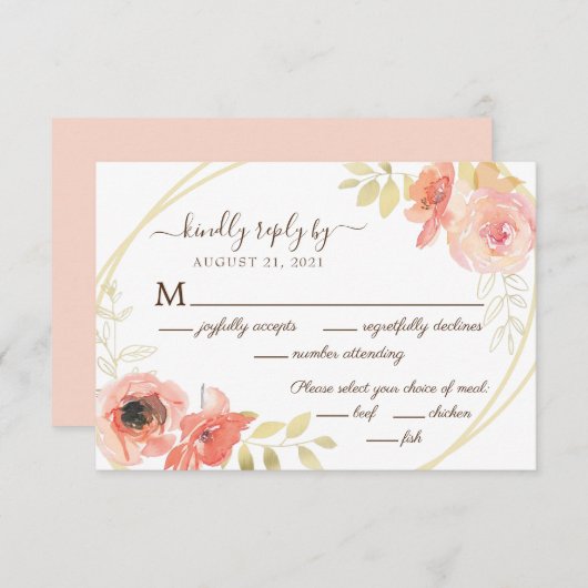 Koraal Roze Rose en Gouden bladeren Bloemen bruilo RSVP Kaartje (Voorkant / Achterkant)