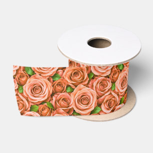 Koraal Roze Rozen Bloempatroon Satijnen Lint