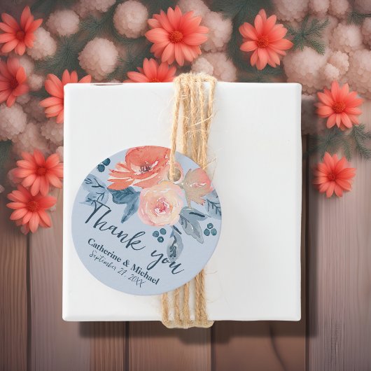 Koraal Roze & Stoffig Blauw Waterverf Bloemen Brui Bedankjes Labels