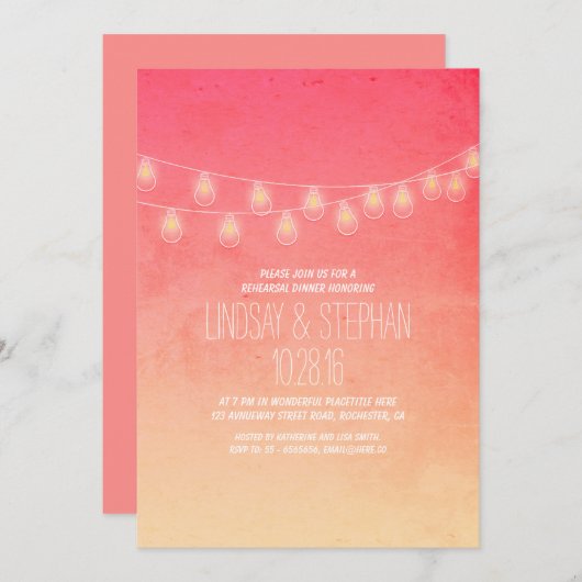 Koraal Roze String Lights Repetitie Diner Uitnodig Kaart (Voorkant / Achterkant)
